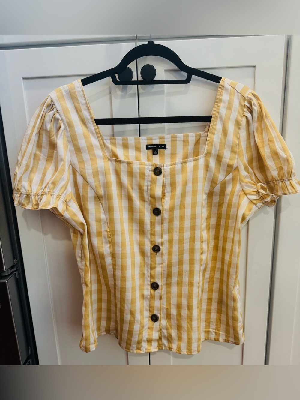Who What Wear Yellow Gingham Puff Sleeve Top Size L